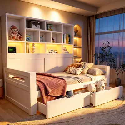 Produktbild von Flieks Tagesbett 90x200cm mit 2 Schubladen, Schlafsofa Holzbett mit offenen Staufächern, Jugendbett Kinderbett mit Led und Ladefunktion, Weiß