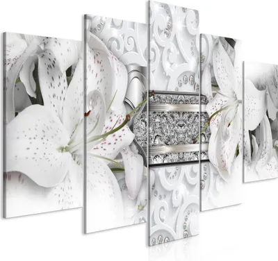 Produktbild von Leinwandbilder Lilien 200x100 cm Vlies Leinwandbild 5 tlg Kunstdruck modern Wandbilder XXL Wanddekoration Design Wand Bild - Lilien Ornament Abstrakt silber weiß b-C-0661-b-m