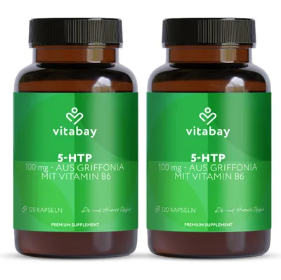 Produktbild von Vitabay 5-HTP 100 mg hochdosiert – Griffonia Simplicifolia Samenextrakt mit Vitamin B6 – 240 vegane Kapseln – 2er-Pack