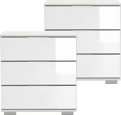 Produktbild von Schlafzimmer 2er Set Nachttisch Nachtschrank, auch für Boxspringbetten, in weiß mit weißem Glas ELSTRA-43, B/H/T ca. 52/58/38 cm