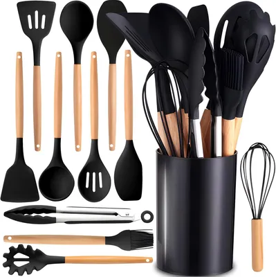 Produktbild von 12-teiliges Küchenhelfer-Set aus hitzebeständigem Silikon mit Holzgriffen, Utensilienhalter und Aufbewahrungsbehälter, antihaftfreundlich, Schwarz
