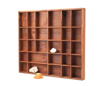 Produktbild von Woodweaver Holzregal Braun, 28 Fächer, 45x40x3,5cm | Schatten-Kuriositätenkasten | Für Ü-Ei Figuren, Mini-Autos, Mineralien, Steine | Wandregal