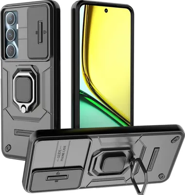 Produktbild von Hülle für Realme C65 4G Dual Layer Handyhülle Schiebe Kamera Schutz und Ringhalter Ständer Schwarz