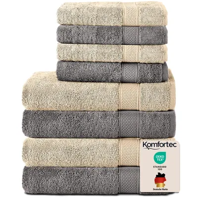 Produktbild von Komfortec 8er Handtuch Set aus 100% Baumwolle, 4 Badetücher 70x140 und 4 Handtücher 50x100 cm, Frottee, Weich, Towel, Groß, Anthrazit Grau/Beige