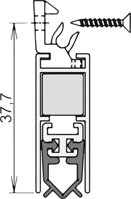 A technical drawing showing a cross-section of a door seal with dimensions and a screw.