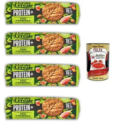 Produktbild von GranCereale PROTEIN+ Fichi & Mandorle 4x230g – 16% Protein, vegan, ohne Palmöl, ballaststoffreich, recyclebare Packung – italienische Kekse + Italian Gourmet polpa