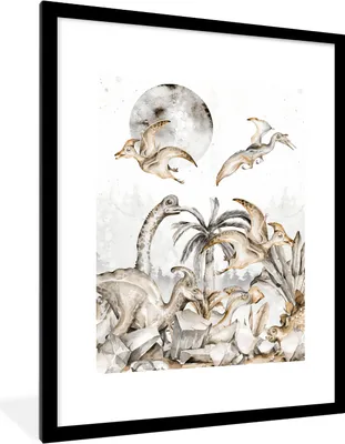 Produktbild von MuchoWow® Gerahmtes Poster Dinosaurier - Dschungel Dekoration - Kinder - Kinder - Kinder 60x80 cm - Poster mit Schwarzem Bilderrahmen Wandposter Rahmen Foto Bilder - Wohnzimmer - Dekorationen - Prämie