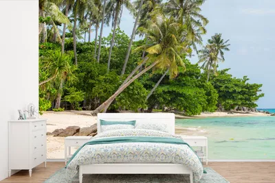 Produktbild von MuchoWow® Fototapete für Wohnzimmer oder Schlafzimmer Wandtapete Vinyl Motivtapete Palmen - Strand - Sommer - Tropisch - 450x300 cm - Gemusterte