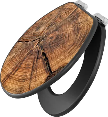 A toilet seat with a wood grain design.