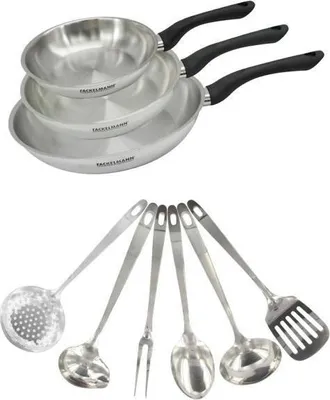 Produktbild von Pfannenset 3-teilig, Edelstahl, 20 cm, 24 cm, 28 cm, mit 6 Edelstahl Küchenhelfern, Fackelmann Geneva, Induktionsgeeignet