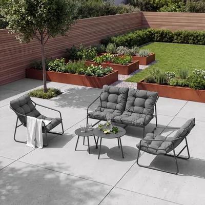 Productafbeelding van Tuinset 'Kivanta', 5-delig: bank, stoelen met kussens, tafels, staal, donkergrijs