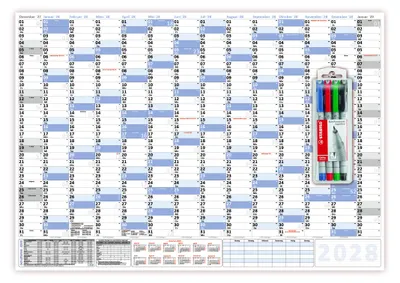 Produktbild von XXL Wandkalender DIN B1 2028 blau, nass abwischbar inkl. Stifteset Format 100 x 70cm Jahresplaner Wandplaner gerollt