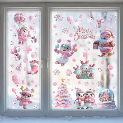 Image de Décorations de fenêtre pour Noël, 9 feuilles, autocollantes, en PVC rose, double face, réutilisables