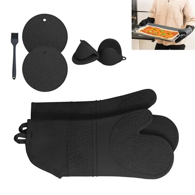 Produktbild von Ofenhandschuhe 7-teiliges Set, Silikon-Handclips,hitzebeständig bis 600°C, rutschfest, extra lang, weich, Backhandschuhe & Kochhandschuhe, schwarz