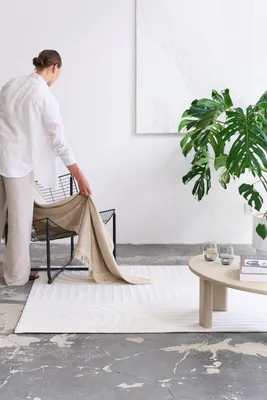 A person is arranging a blanket on a chair in a minimalist room with a rug and a plant.