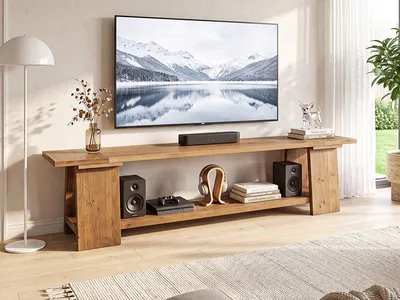 Immagine prodotto di Supporto TV in legno massello da 210 cm per televisori da 65/75/85/90 pollici, mobile TV a 2 piani con ripiani a giorno, tavolino consolle