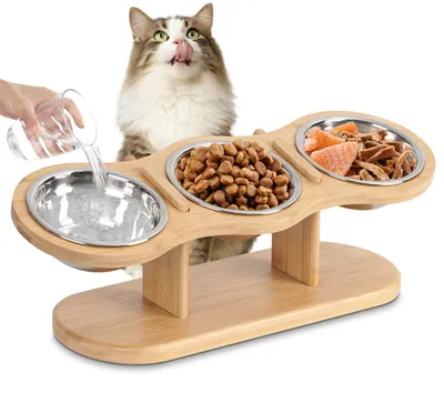 Produktbild von Erhöhter Katzennapf, 3-teiliges Set, höhenverstellbarer Napf, Futterstation mit Ständer, Edelstahlnäpfe für Wasser und Futter, erhöhter Katzennapf