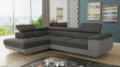 Produktbild von silape Ecksofa Caris, Webstoff Sawana Grau + Dunkelgrau, links, mit Schlaffunktion, Bettkasten und einstellbaren Kopfstützen, Delfin-Ausziehsystem, Hebeautomatik, B 273 T 203 H 90 cm, Schlaffläche 195x123 cm
