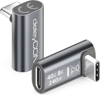 Produktbild von deleyCON USB-C Adapter Winkel 90 Grad (2 Stück) 40Gbps, 240W, 8K60Hz, USB 4.0, Aluminium Gehäuse, Typ C Stecker auf Buchse für Smartphone Tablet Laptop Notebook MacBook PS5 usw.