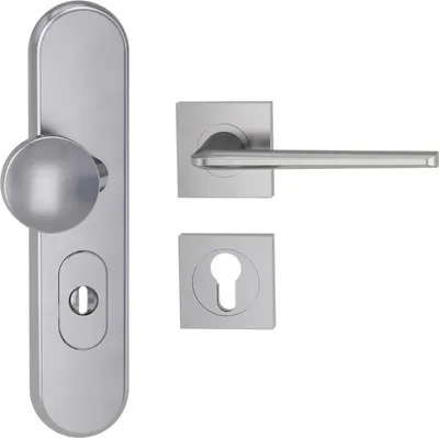 Produktbild von Griffwerk TITANO Kombi SB_882 ES1 (S2) -Edelstahl matt Kombi-Schutzbeschlag -Knopf/Drücker -mit Griff REMOTE -SG -eckig -R -ZA, 72mm -TS 38-50