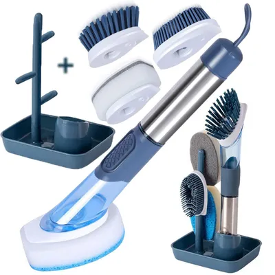Image de Brosse à vaisselle avec distributeur de savon et 4 têtes, de couleur bleue