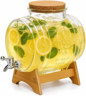 Produktbild von 3 L Getränkespender Glas mit Zapfhahn und Holzständer, Glasfass mit Korkdeckel, Limonadenspender für Party, Hochzeit, Garten, Grillabend, Saft