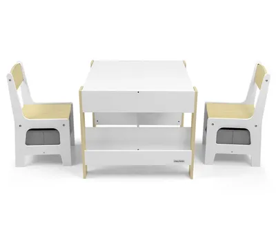 A white table and two chairs are shown against a white background.