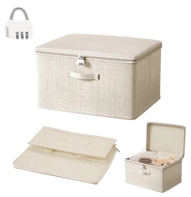 Image de Boîte de rangement verrouillable de 30 x 20 x 14 cm avec serrure et couvercle rabattable, boîte empilable avec serrure et fermeture à glissière, boîte pour linge de lit