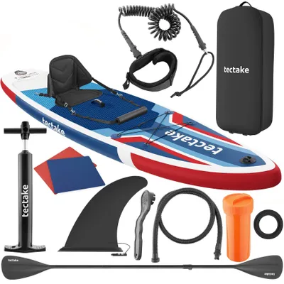 Produktbild von tectake® 2in1 Stand-Up Paddle Board aufblasbar, 200 kg Belastbarkeit, rutschfest, inkl. Kamerahalterung, Aluminiumpaddel und Kajak-Sitz, in rot/blau
