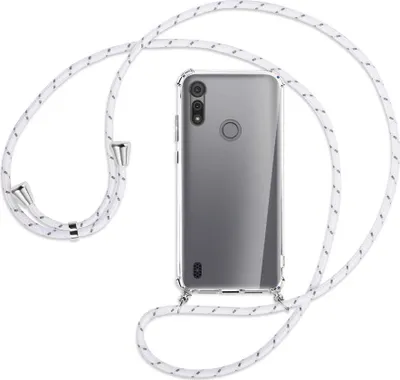 Produktbild von Handykette Backcover-Schutzhülle mit Band (Metall silberfarben) für Motorola Moto E6s - weiß/grau