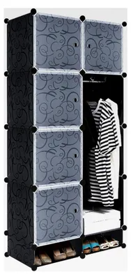Produktbild von Faltbare Kleiderschränke 8 Gitter Steckregalsystem 157x70x35cm Kunststoff Garderobenschrank für die Aufbewahrung von Kleidung, Schuhen, Spielzeug und Büchern (Schwarz)