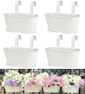 Produktbild von 4 Stück Metall Aufhängen Blumentöpfe, 27,5cm Große Blumentöpfe Hängender Blumeneimer mit Abnehmbarem Haken für Balkon Zaun Garten Heim Dekor (Weiß)