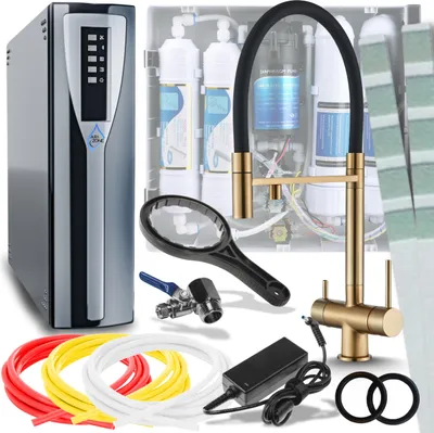 Immagine prodotto di Rubinetto da cucina a 3 vie Ari HighFlex con doccetta estraibile, beccuccio girevole 360, per acqua filtrata, oro spazzolato
