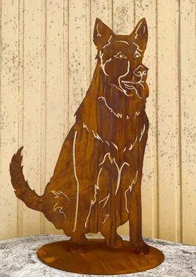 Produktbild von Edelrost Hund Schäferhund sitzend 80x46cm auf Platte Wetterfest Edelrost Gartendeko Gartenfigur Rost Metall Rostfigur Hunde Figur Tier