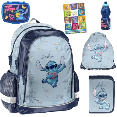 Produktbild von Schulranzen für Jungen und Mädchen, 6er-Set - Schul-Rucksack für Kinder mit Federmäppchen - Schuhbeutel Trinkflasche und Brotdose - Stitch Motiv