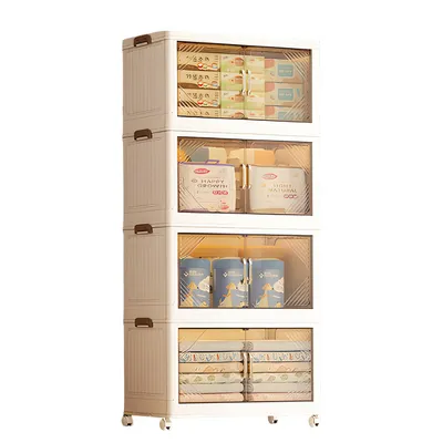 Image de OFMOTRA Boîte de rangement pliable avec couvercle Armoire multi-usages à 4 niveaux combinables librement Boîte de rangement chaque étage supporte 15 kg 109x65x39cm Blanc