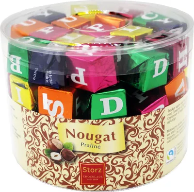Produktbild von Storz ABC-Würfel 75 Stk. in Dose (750 g) / Schokolade / Haselnuss Nougat Würfel