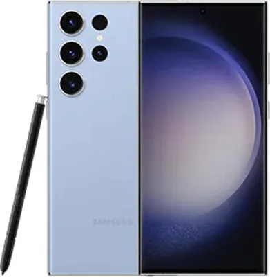 A light blue Samsung Galaxy S23 Ultra smartphone with its stylus is shown against a white background.