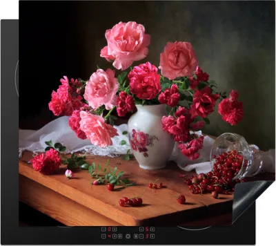 Produktbild von KitchenYeah© Herdabdeckplatte Rosen - Stilleben - Rosa , 59x52cm, Küche Deko, Glaskeramikkochfeld Herdabdeckung, Abdeckplatte fùr Kochfeld