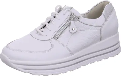 A white leather sneaker with silver accents and a zipper detail is shown against a white background.