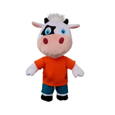A plush toy cow standing on a white background.