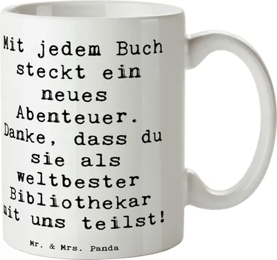 Produktbild von Mr. & Mrs. Panda Kaffeebecher Spruch Bibliothekar Abenteuer - Weiß - Geschenk, Teetasse, Bedanken, Dankeschön, Pott, Handarbeit, Wissen, Kaffeetasse, Buchliebhaber, Danke
