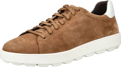 A single brown suede sneaker with a white sole is shown against a white background.