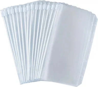 Zdjęcie produktu dla Segregator z 6 pierścieniami - 30 sztuk, format A6 - Wodoodporny - 6 pierścieni - Przezroczysty, format A6 - Koperty z zamkiem błyskawicznym - PVC - Komory