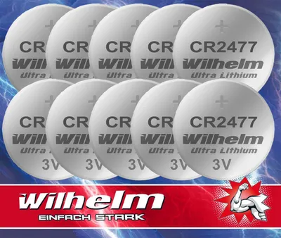 A collection of CR2477 lithium coin cell batteries arranged in a grid, with promotional text at the bottom.