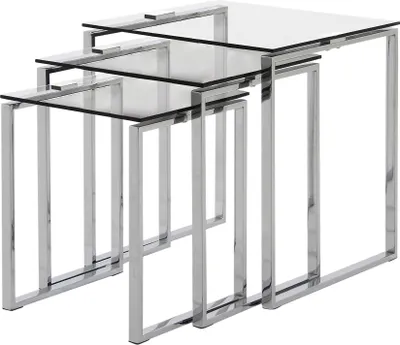 Produktbild von Kamma Wohnzimmertisch mit 3 Tischen in Glas und Chrom mit Einschubfunkt.