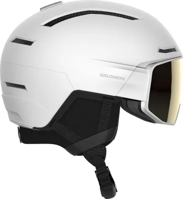 A white ski helmet with a yellow visor is shown against a white background.