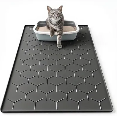 Produktbild von Famanu Katzenmat für Katzenklo - Große 86x56 cm Katzenklo-Matte - Wasserfeste Silikonmatte für den Boden - Schwarz
