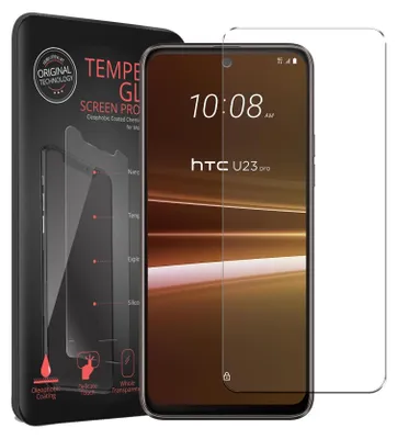 A product shot of a phone screen protector packaging and the phone itself.