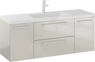 Produktbild von FURNI Waschtischunterschrank RON 120 cm - Kaschmir - Hängender Badschrank mit Mineralguss - Waschbecken - Griffe Weiß matt - Vormontiert